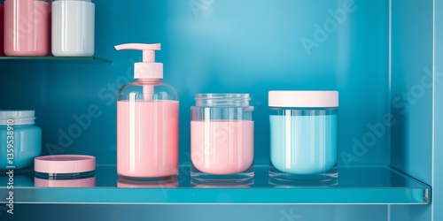 Delicate pastel pink & blue cosmetic jar on shelf, elegant, color