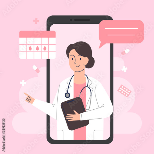 Online consultation with a gynecologist doctor on a smartphone. Woman doctor on a smartphone. Online medicine concept. Vector illustration