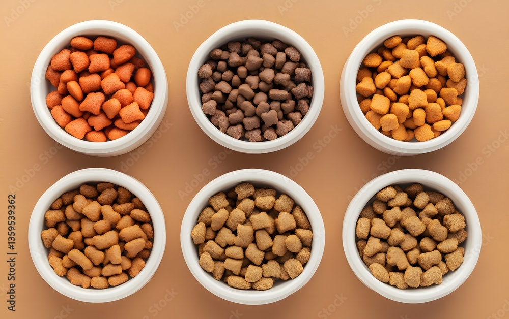 Assorted Dry Pet Food in Bowls Top View Assorted Dry Pet Food in Bowls Top View