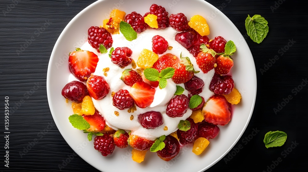 Creamy plate of berry compote topped with whipped cream and fresh fruit for a delicious dessert or sweet treat experience