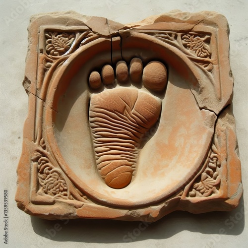 A broken terracotta tile bearing the imprint of an ancient footp