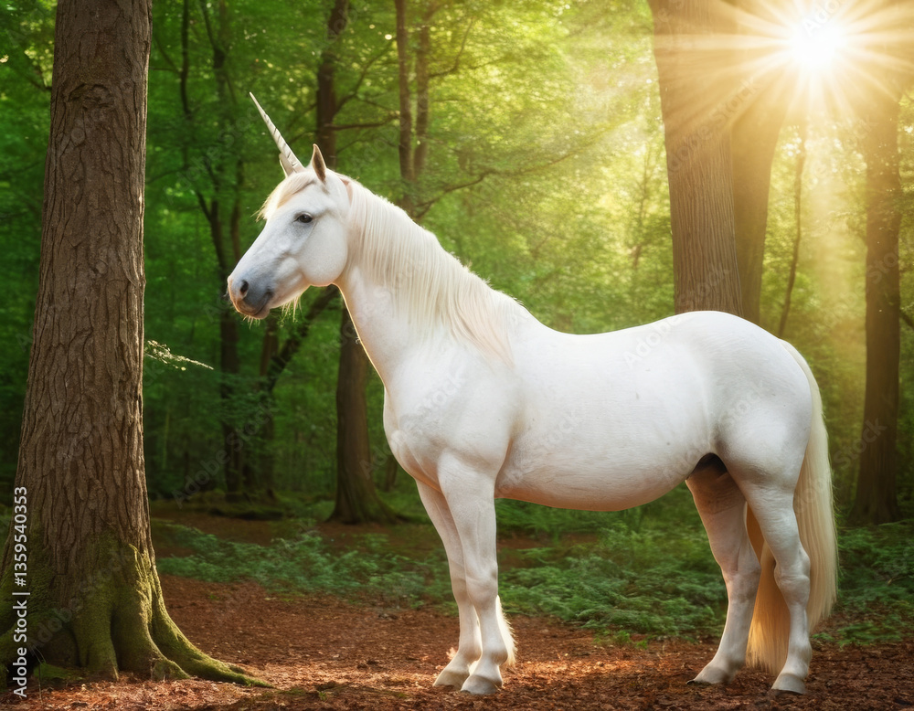 Fototapeta premium Generative AI Unicorn in Enchanted Forest Sunlight unicorn forest sunlight white mythical creature tree green mane horn magic fantasy serenity purity enchantment - High Quality Image