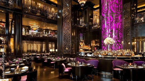 An elegant dining room with a sophisticated atmosphere in the evening