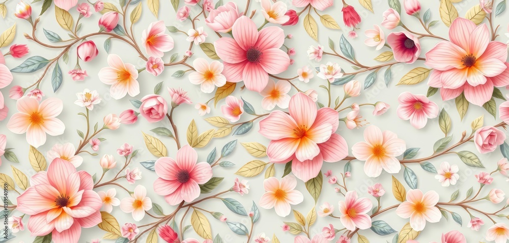 Fototapeta premium Delicate spring floral seamless pattern with blooming flowers, leaves, and vines in pastel colors, springtime, picture