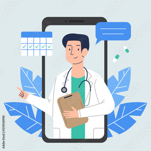 Online doctor's consultation on a smartphone. Man doctor on a smartphone. Online medicine concept. Schedule of medications. Vector illustration