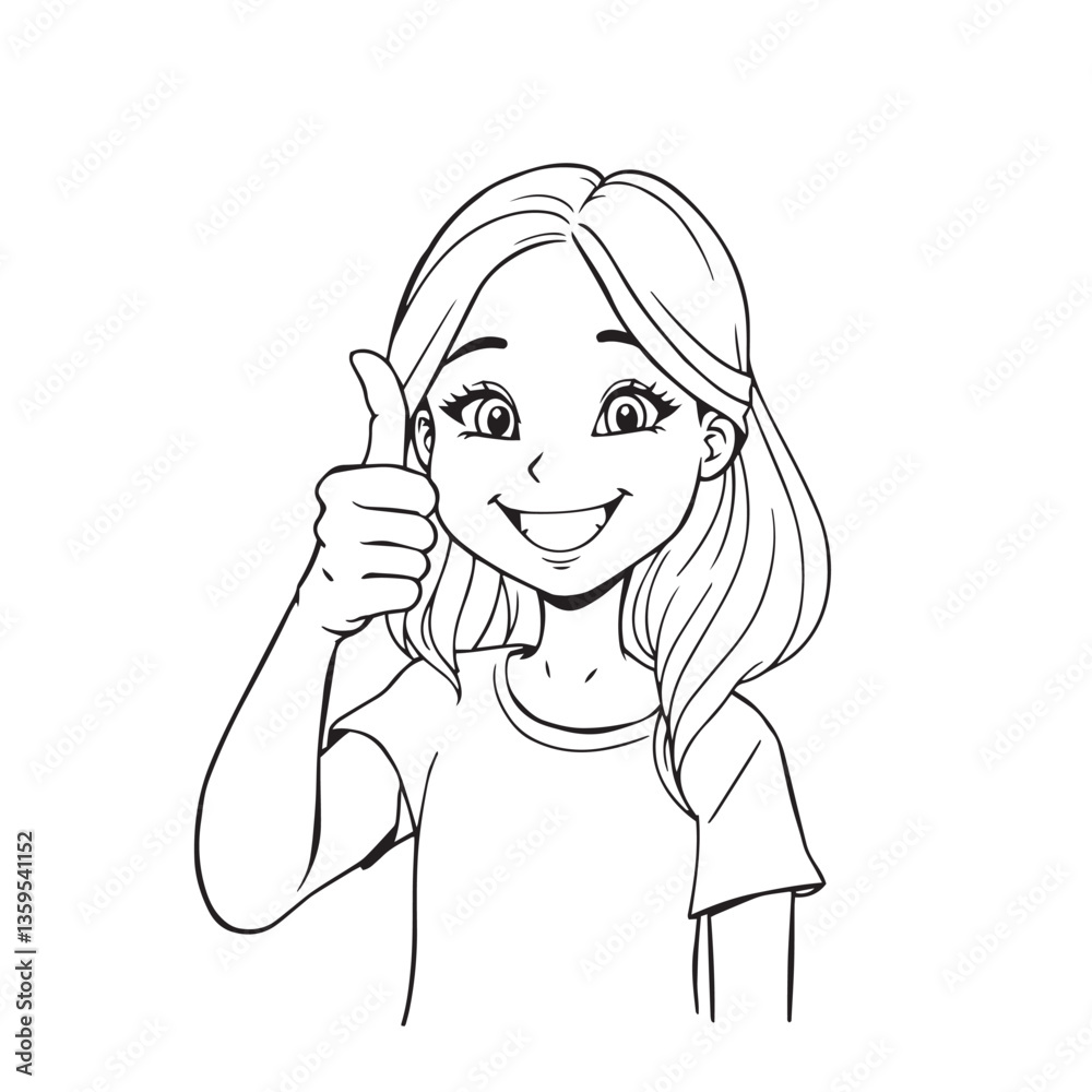 Continuous line art drawing a happy girl giving a thumbs up design positive feedback vector. Continuous line art drawing a happy girl giving a thumbs up design positive feedback vector.