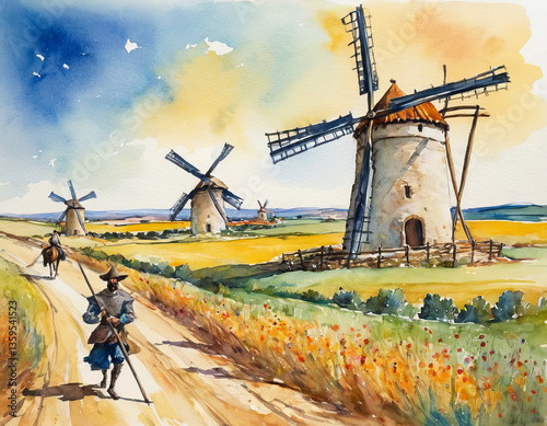 Generative AI Don Quixote Windmills Watercolor Spain Landscape Don Quixote Sancho Panza windmills Spain landscape watercolor painting field horse road adventure fantasy nostalgia whimsy