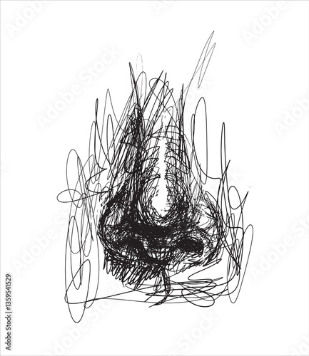 Vector illustration of nose. Ink drawn nose. Line drawing. Hand drawn. Curved lines. Chaos of lines. Ink sketch. Doodle art. Creative drawing. Chaotic process of lines.