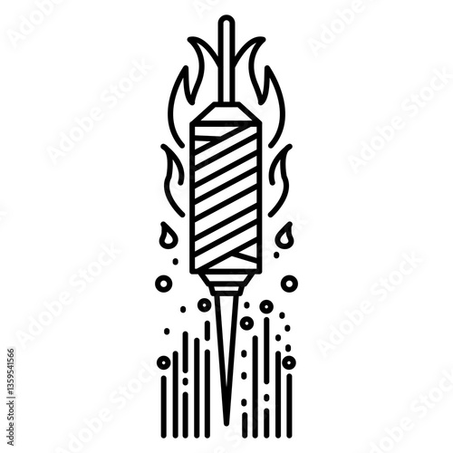 Illustration showing black icon of meat on spit, in form of Turkish food, donar kebab, on white background