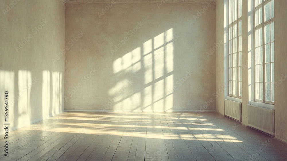 Obraz premium Empty room with sunlight streaming through large windows, warm natural light casting soft shadows across smooth, neutral-toned walls and a clean wooden floor. 