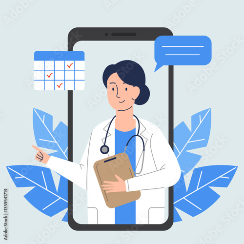 Online appointment with a doctor on a smartphone. Woman doctor on a smartphone. Online medicine concept. Vector illustration