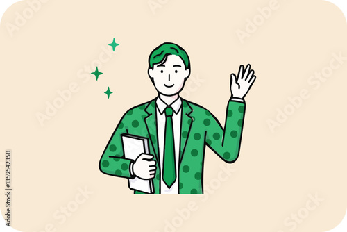 Green-Suited Man Waving, Holding Folder on Light Background