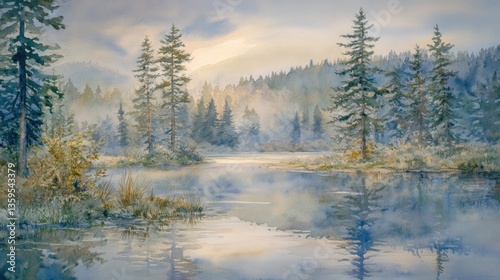 Misty Morning Lake Serenity: A Watercolor Landscape