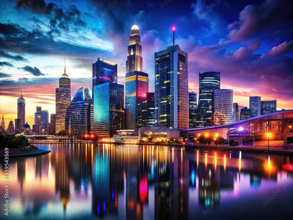 Naklejka premium Melbourne CBD Skyline: Stunning Victoria Australia Cityscape Business District Aerial View Night Photography