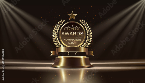Award ceremony nomination name podium, golden prize event, scene star ceremony. Vector illustration