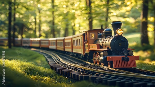 A colorful toy train set on a track capturing the imagination of children and evoking joyful playtime adventures