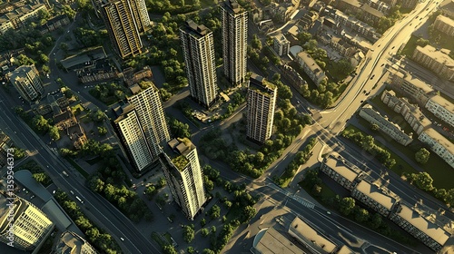 High-detail aerial view of Birmingham, UK, apartment towers standing tall in the city centre, roads winding between modern and historic structures, crisp and ultra-realistic. 