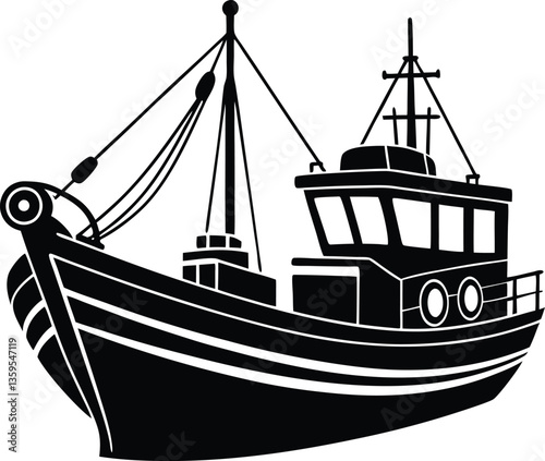 fishing boat black and white silhouette vector design