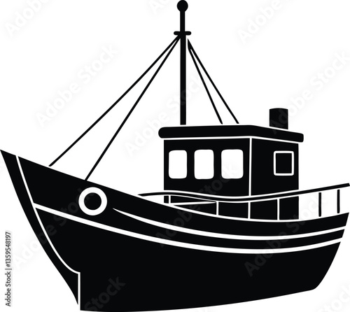 fishing boat black and white silhouette vector design