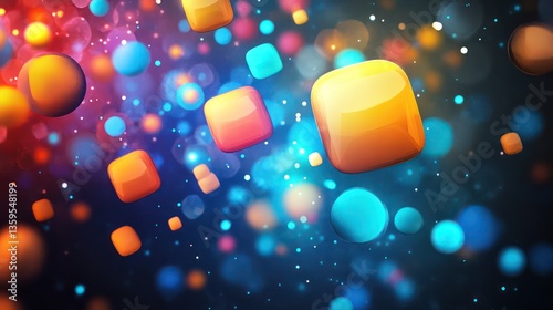 Multicolored Orbs Emerging from a Pixelated Grid abstract background