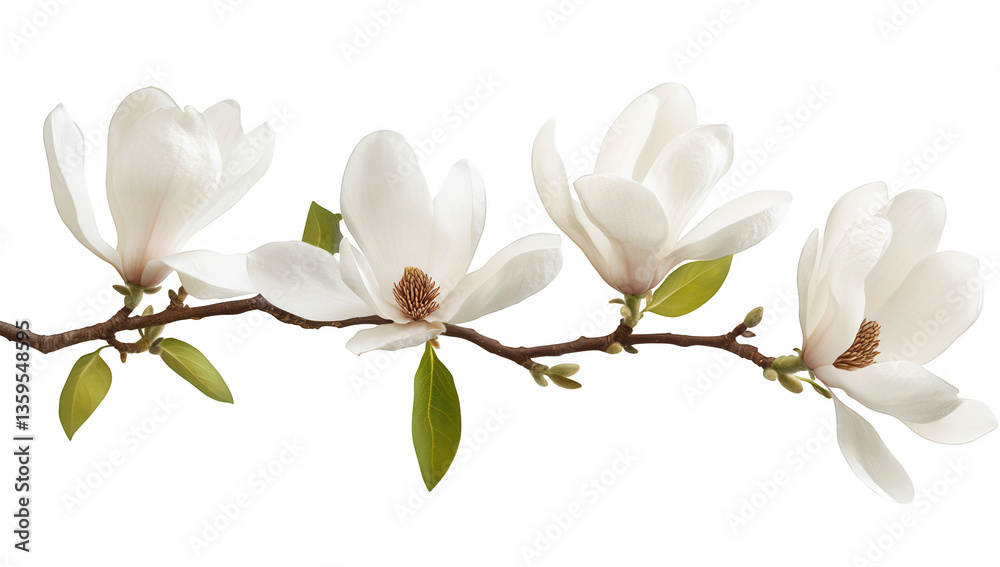 Obraz premium branch of white magnolia flowers gracefully displayed against a white background highlighting their beauty and elegance. sense of tranquility and appreciation for nature