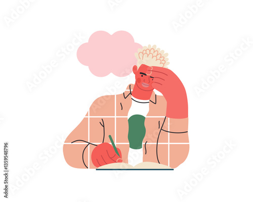 Writing people, modern flat vector concept illustration- sitting man thoughtfully writing on notebook, bubble near head Metaphor for reflection, personal insight, contemplation, creative expression