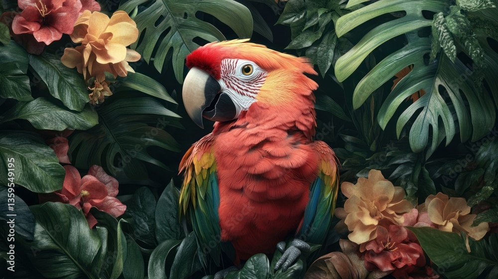 Fototapeta premium Scarlet Macaw in Lush Tropical Paradise: A Vibrant Portrait