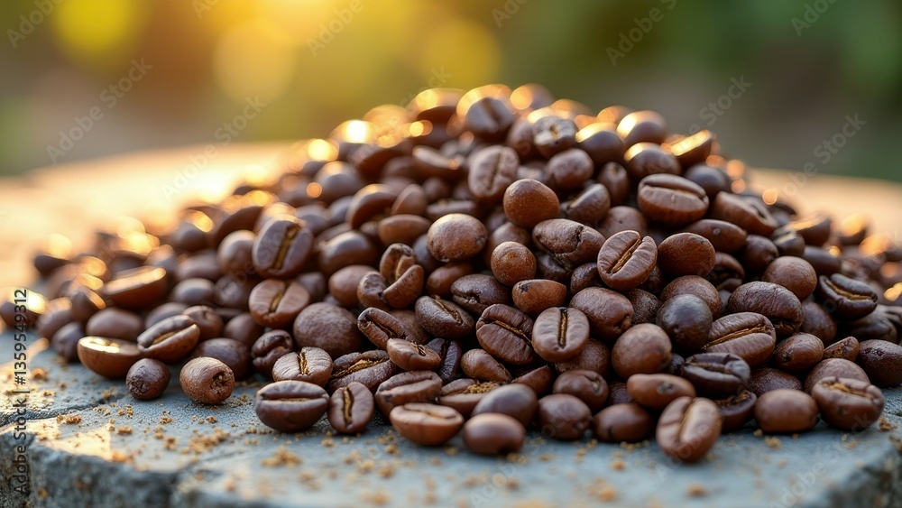 Obraz premium Close-up of roasted coffee beans on rustic stone surface outdoors