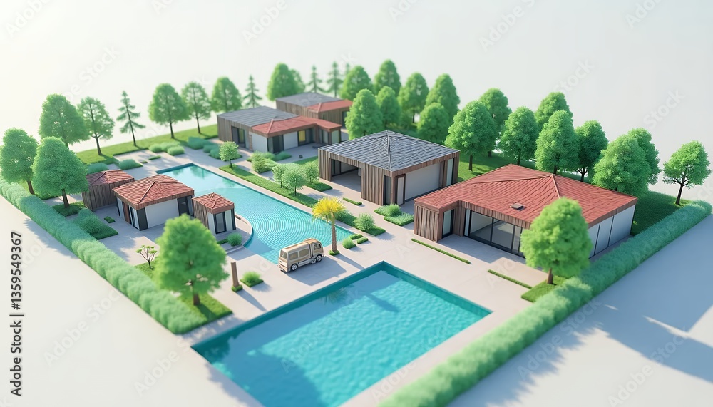 Fototapeta premium Modern residential complex with lush greenery and pools