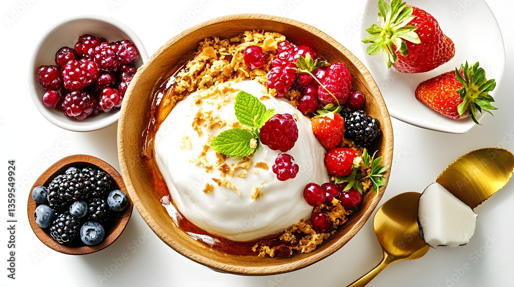 A delightful bowl filled with fresh fruits and yummy yogurt ready to be enjoyed as a healthy snack or breakfast A delightful bowl filled with fresh fruits and yummy yogurt ready to be enjoyed as a healthy snack or breakfast