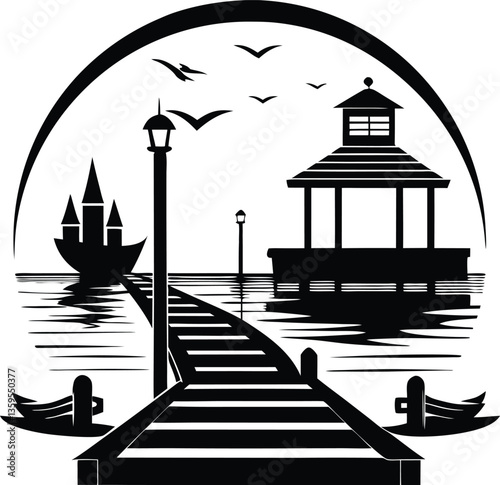 dock black and white silhouette vector design