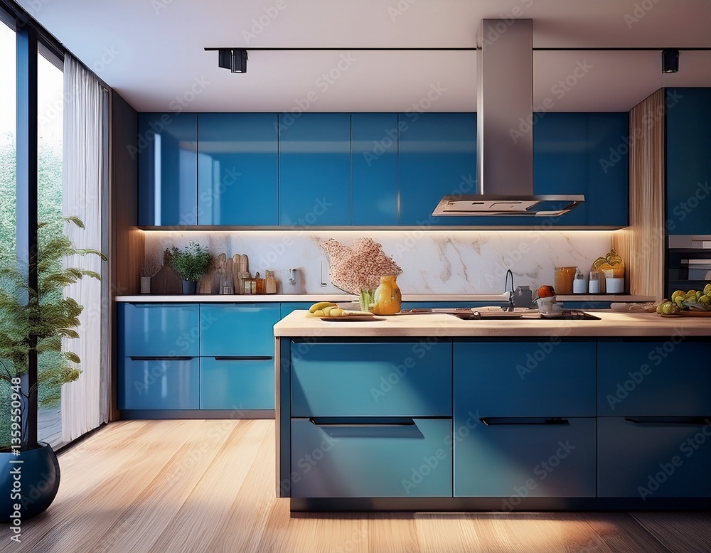 Fototapeta premium modern kitchen interior with blue cabinets and countertop 3d rendering