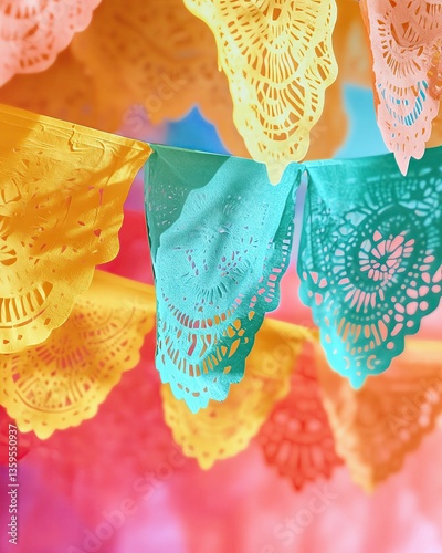 Cinco de Mayo Celebration Colorful papel picado banners for festive occasions.