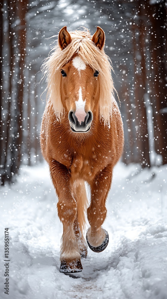 A beautiful horse is walking forward through a snowy forest A beautiful horse is walking forward through a snowy forest