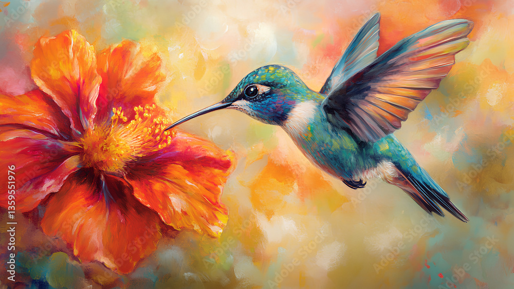 Fototapeta premium Hummingbird Drinking Nectar from Flower in Glowing Garden