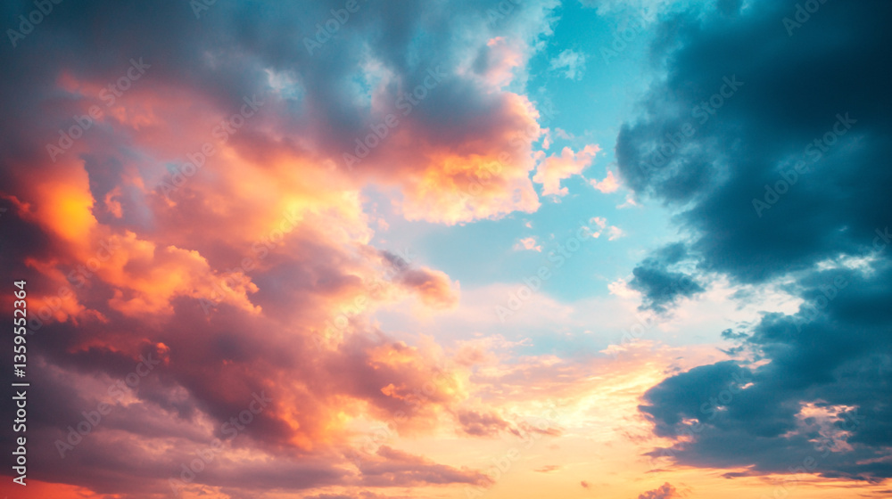 A vibrant sky filled with colorful clouds at sunset with shades of orange blue and pink hues visible A vibrant sky filled with colorful clouds at sunset with shades of orange blue and pink hues visible