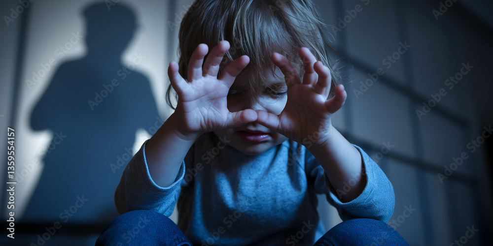 Obraz premium Young child covering face with hands, shadow looming, conveying fear and vulnerability, representing child abuse awareness