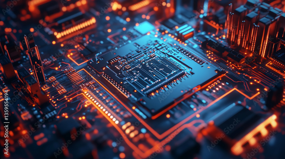 Close up view of a complex computer circuit board with glowing orange and blue pathways visible Close up view of a complex computer circuit board with glowing orange and blue pathways visible