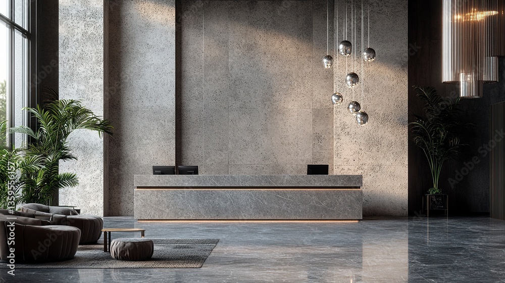 Luxurious hotel lobby interior with a central reception counter, grand chandeliers, sleek modern furniture, and textured walls adding depth and elegance.