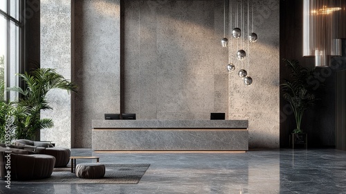 Obraz na płótnie Luxurious hotel lobby interior with a central reception counter, grand chandeliers, sleek modern furniture, and textured walls adding depth and elegance. w salonie