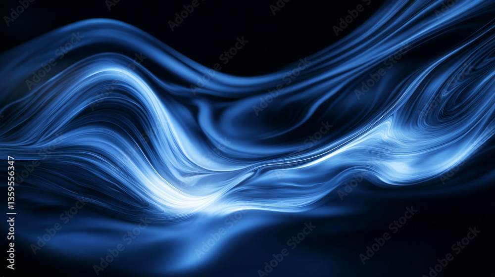 Fototapeta premium Abstract blue waves flowing smoothly with light accents on a dark background creating depth and motion