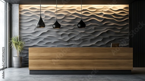 Luxurious hotel reception area featuring a polished wooden counter, elegant pendant lights, and a backdrop of textured wall panels for a chic and professional look.  