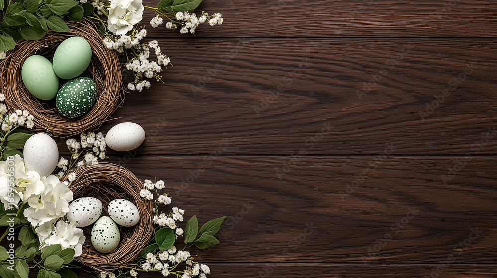 Rustic Easter Egg Arrangement with Natural Elements on Wooden Background Rustic Easter Egg Arrangement with Natural Elements on Wooden Background