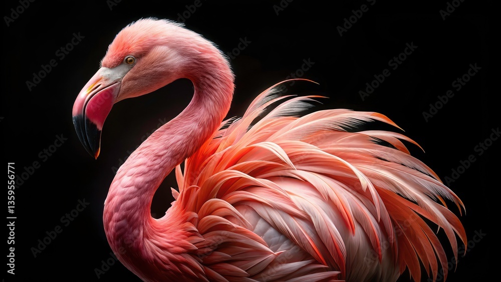 Obraz premium Pink Flamingo Macro Photography, Black Background, Closeup Bird, Exotic Wildlife, Avian Portrait, Feather Detail, Isolated Pink Flamingo