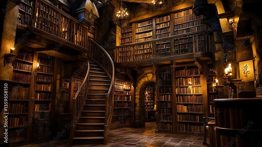 Medieval castle library featuring towering bookshelves filled with ancient tomes, a spiral staircase leading to a balcony, and soft light from ornate candelabras.
