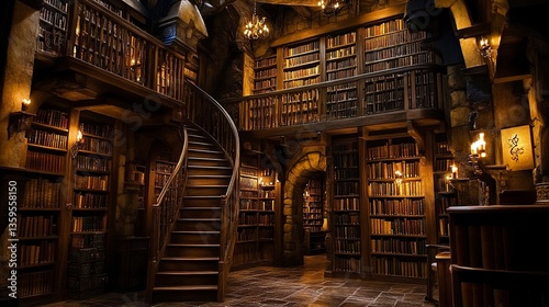 Obraz na płótnie Medieval castle library featuring towering bookshelves filled with ancient tomes, a spiral staircase leading to a balcony, and soft light from ornate candelabras. w salonie