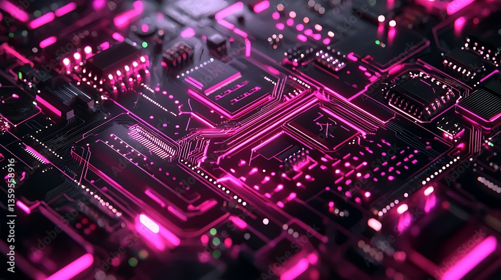 Close-up view of a circuit board with glowing components. Complex network of interconnected chips and pathways Close-up view of a circuit board with glowing components. Complex network of interconnected chips and pathways