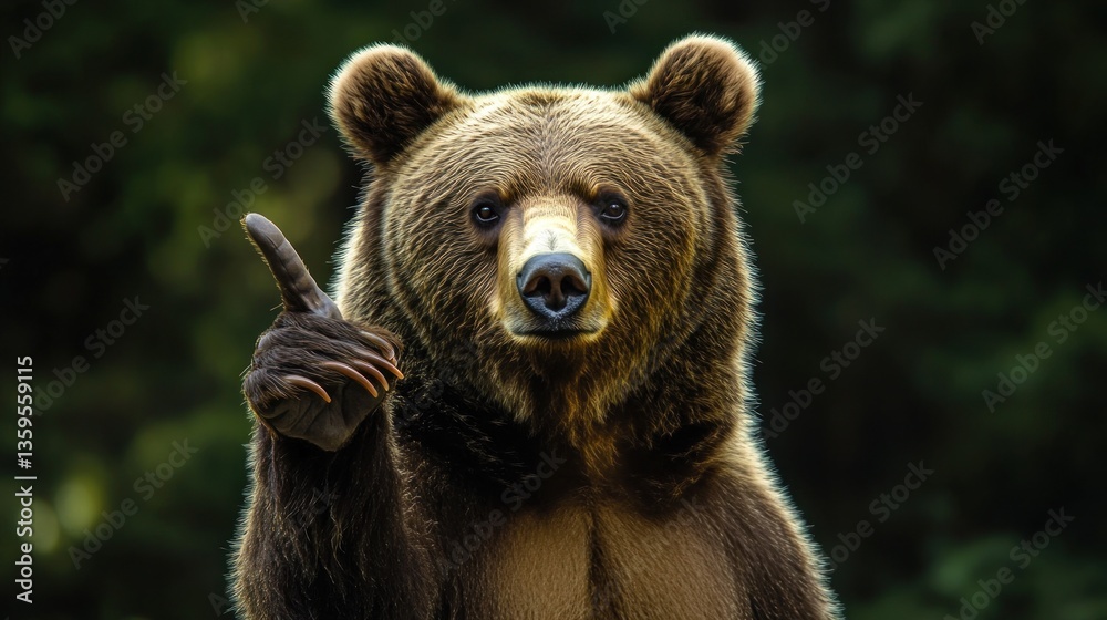 Fototapeta premium Portrait of a funny brown bear showing a peace gesture