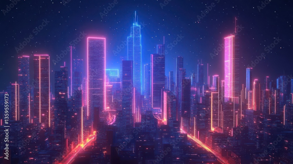 Obraz premium Neon Cityscape at Night: A Futuristic Metropolis