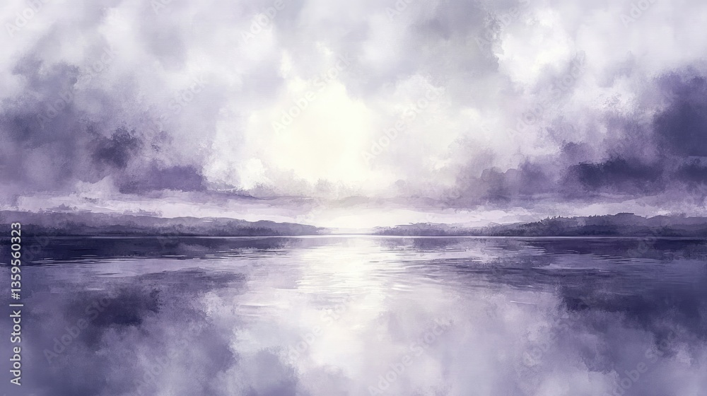 Serene Lavender Lake: A Digital Painting of Tranquil Waters and Cloudy Skies Serene Lavender Lake: A Digital Painting of Tranquil Waters and Cloudy Skies